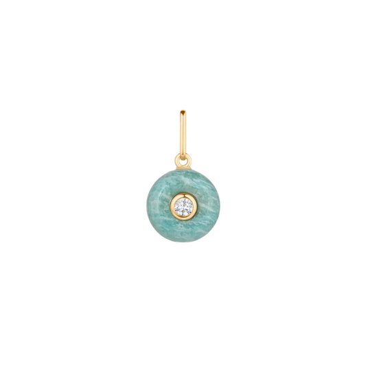 Teal pendant with gold accents on a white background