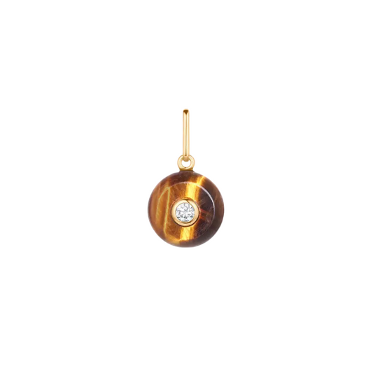 Gold pendant with a tiger's eye stone and diamond on a white background