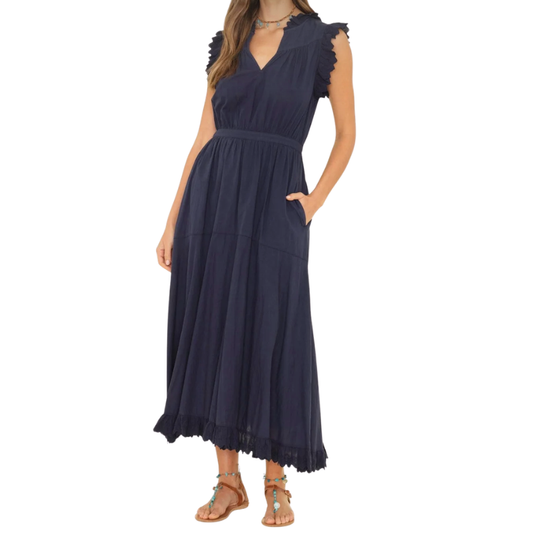 Navy blue dress with lace details on a white background