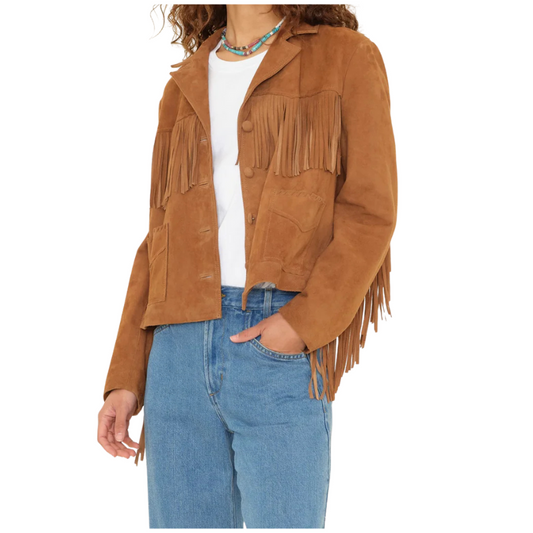 Brown suede jacket with fringe on a white background