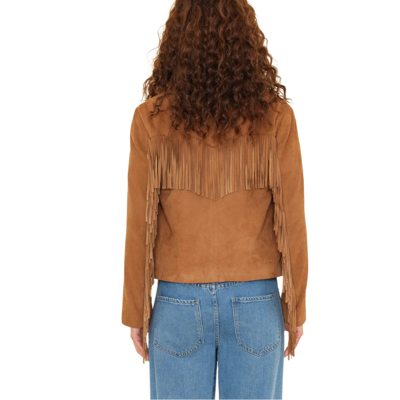 Brown suede fringe jacket worn by a person on a white background
