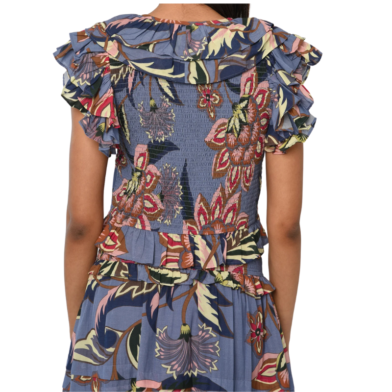 Multicolored floral dress with ruffled details on a white background