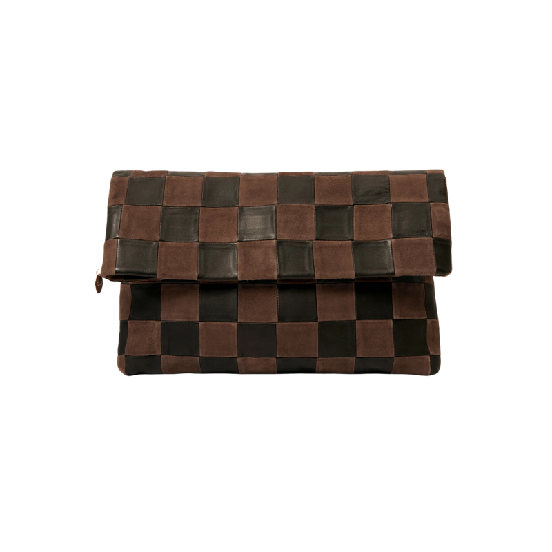 Woven brown and black clutch bag on a white background