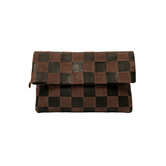 Woven brown and black clutch bag on a white background