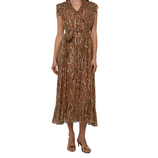 Woman wearing a brown sequin dress on a white background