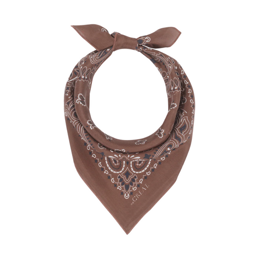 Brown bandana with paisley pattern on a white background