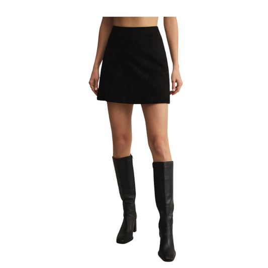 Person wearing a black mini skirt and knee-high black boots on a white background