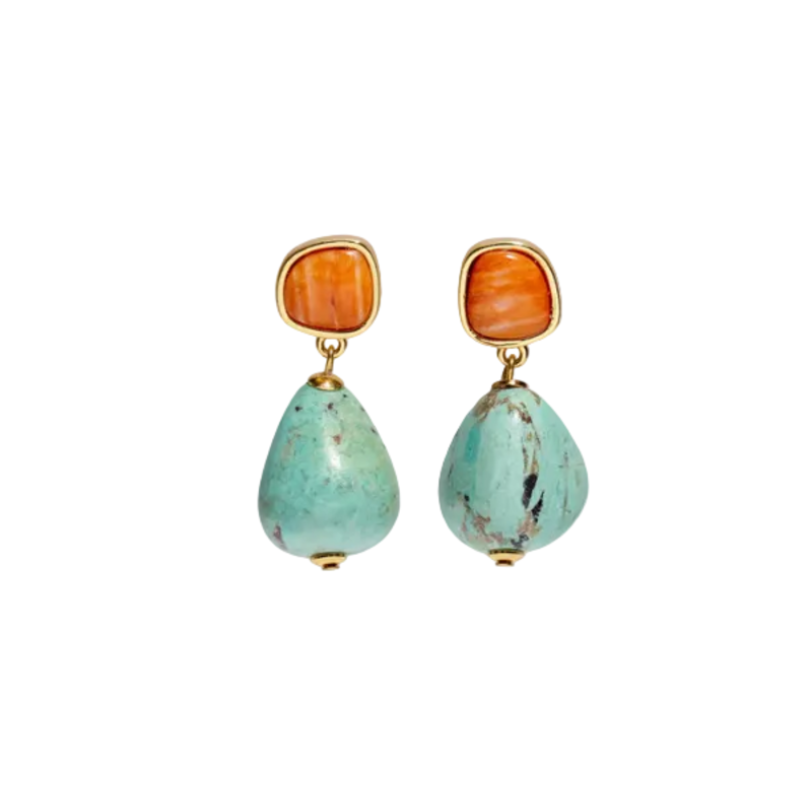 Pair of earrings with orange and turquoise stones on a white background