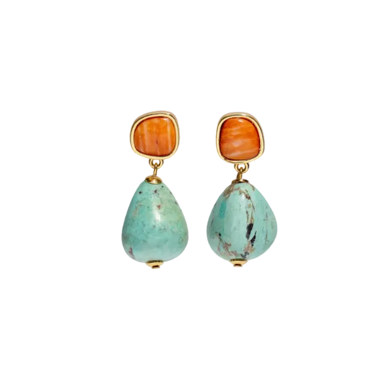 Pair of earrings with orange and turquoise stones on a white background