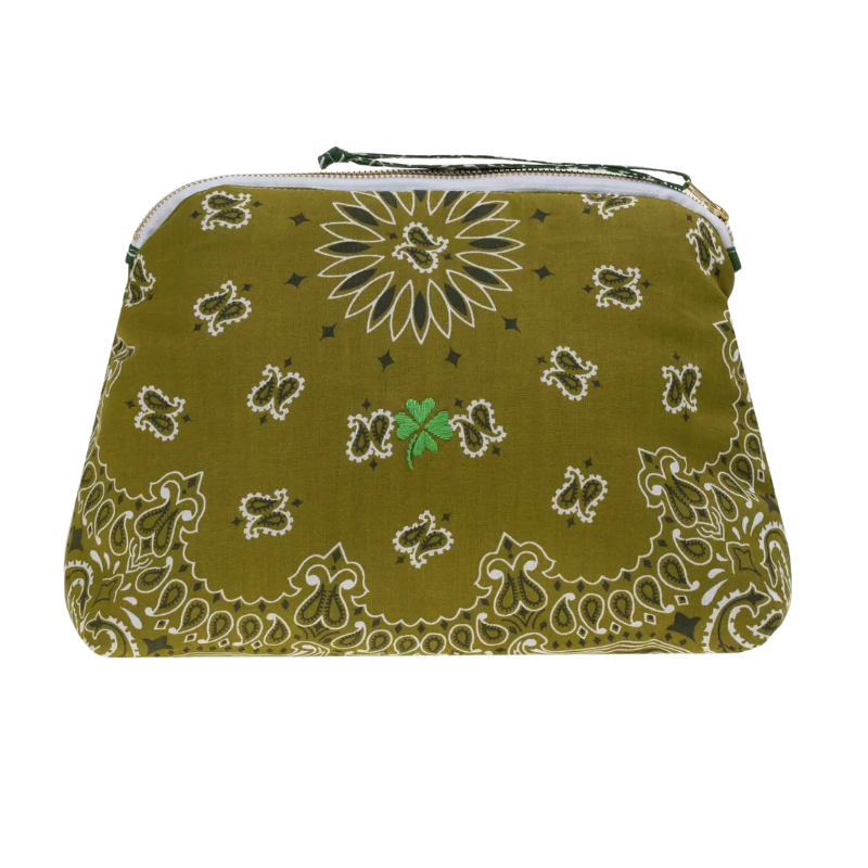 Green patterned pouch with a white zipper on a white background