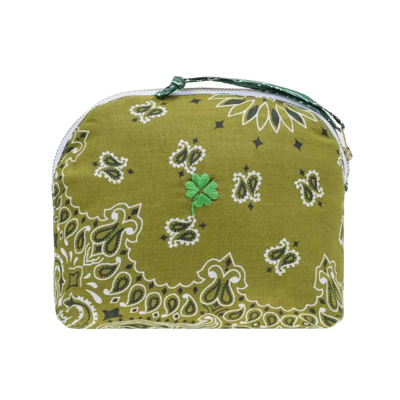 Green patterned pouch on a white background
