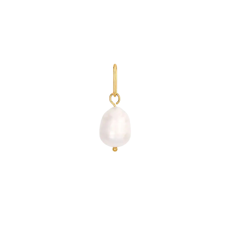 Gold earring with a white pearl on a white background