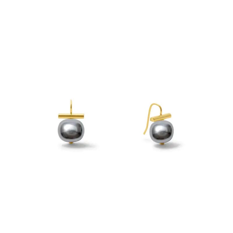 Pair of earrings with gold posts and silver spherical beads on a white background