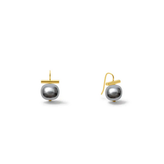 Pair of earrings with gold posts and silver spherical beads on a white background