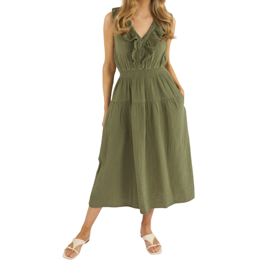 Green dress worn by a model on a white background