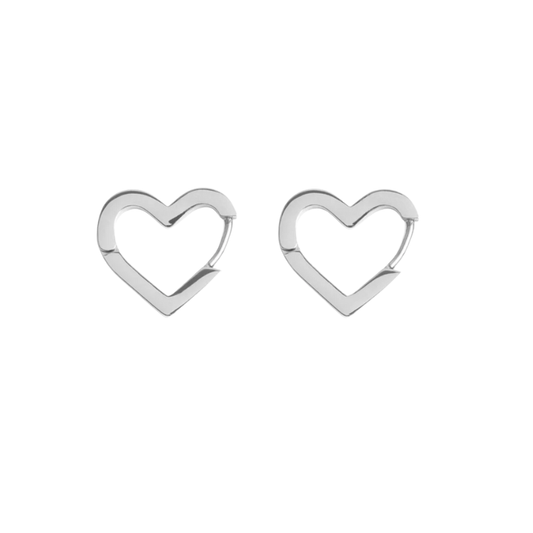 Heart-shaped silver earrings on a white background