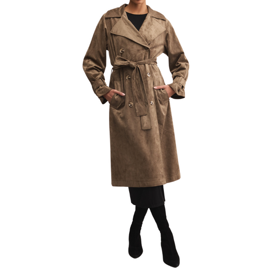 Brown trench coat worn by a person on a white background