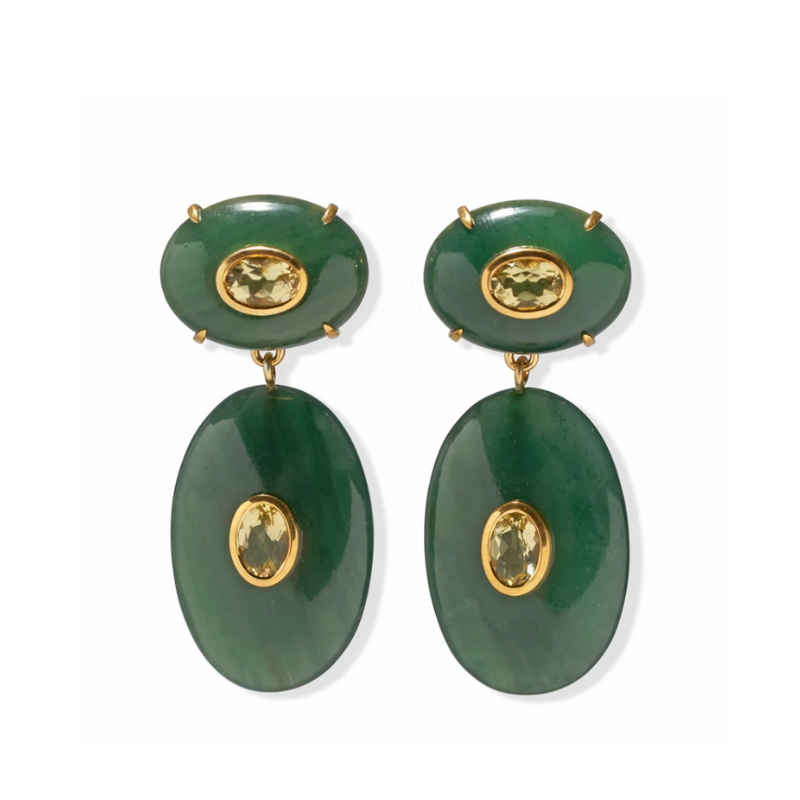 Pair of green earrings with gold accents on a white background
