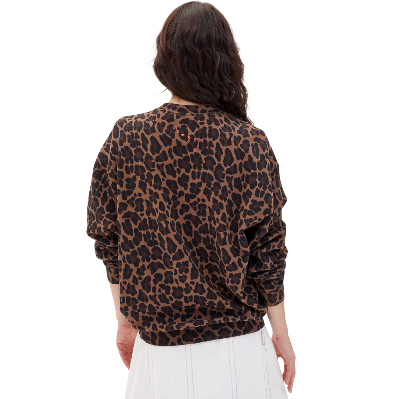 Person wearing a leopard print sweater on a white background