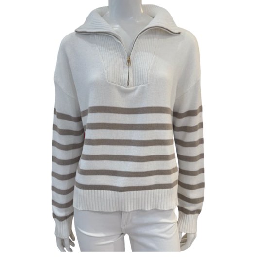 Mannequin wearing a light gray sweater with brown stripes on a white background