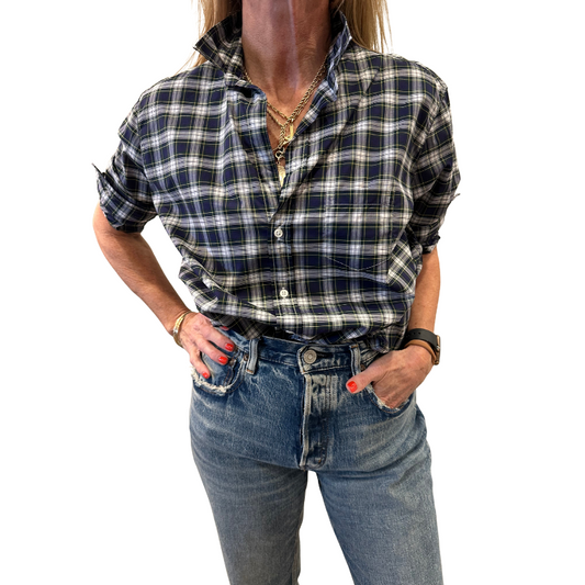 Person wearing a plaid shirt and jeans on a white background