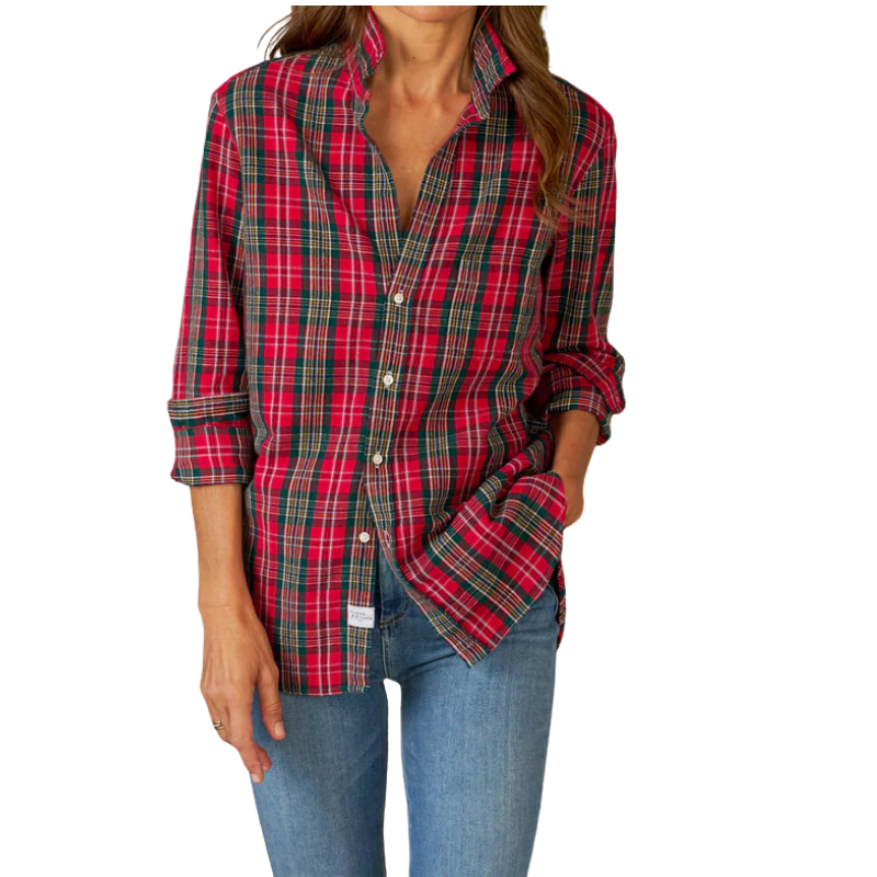 Red plaid shirt worn by a person on a white background