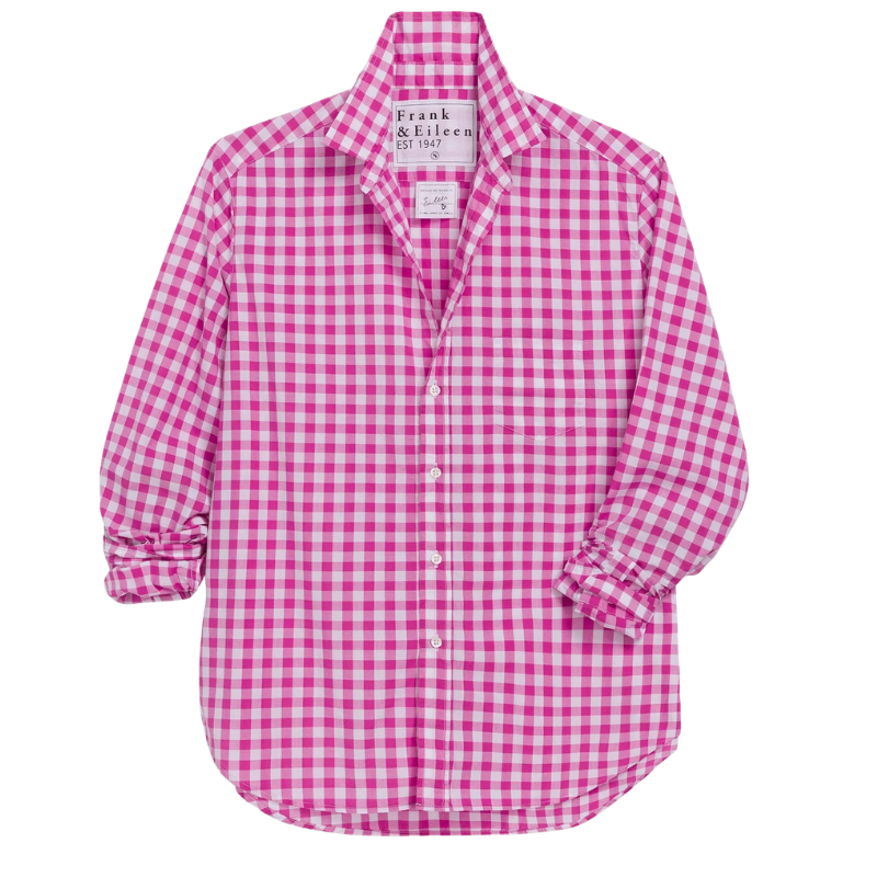 Pink and white checkered shirt with 'Frank & Eileen' label on a white background