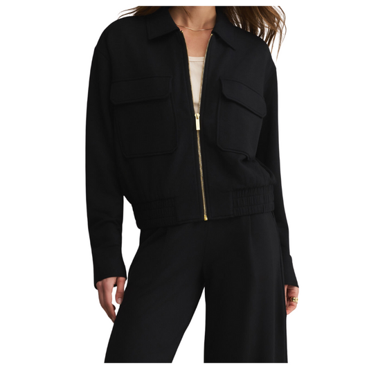Black jacket with a zipper on a white background