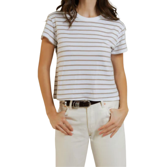 Person wearing a striped shirt and white pants on a white background