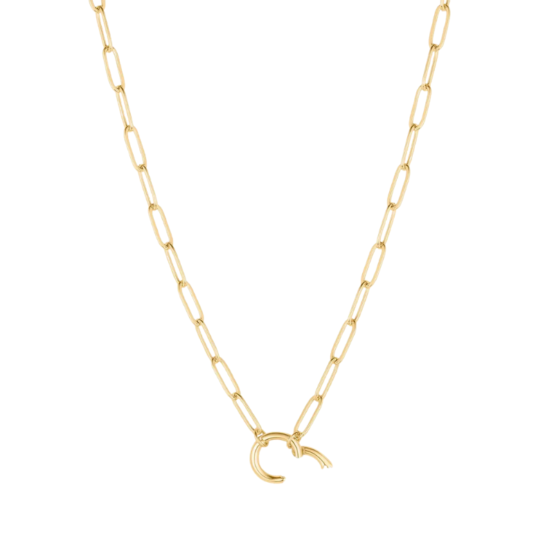 Gold necklace with a crescent moon pendant on a white background