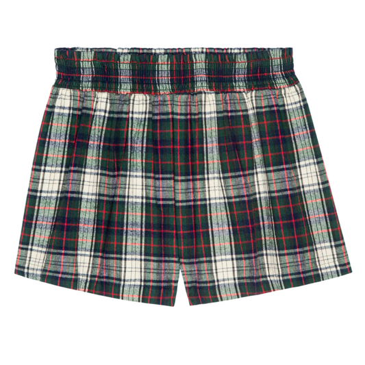 Plaid shorts with green, red, and white pattern on a white background