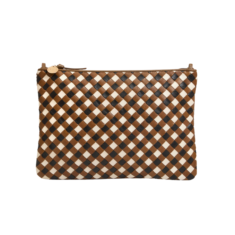 Woven pouch with brown, black, and white pattern on a white background