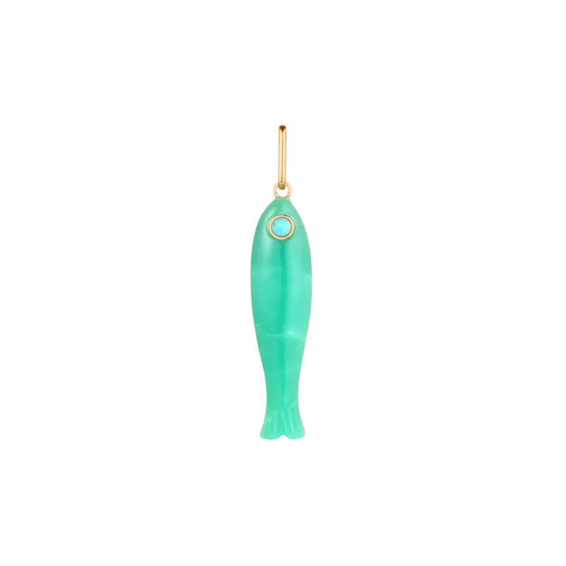 Green fish-shaped pendant with a gold chain on a white background