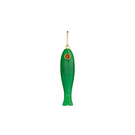 Green fish-shaped pendant with a gold chain on a white background