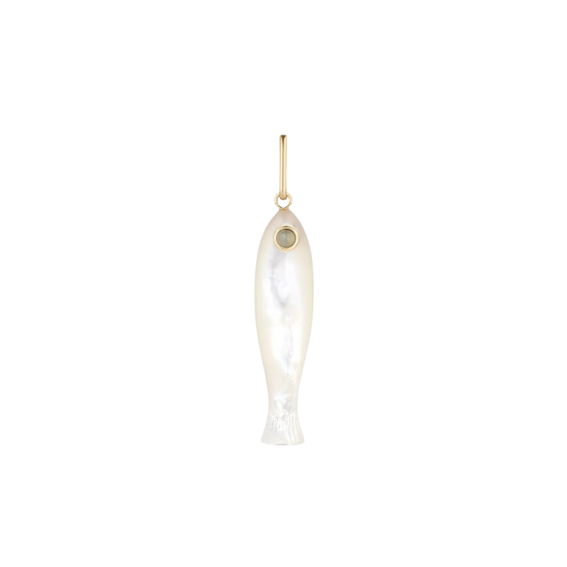 Decorative fish-shaped ornament with a gold hook on a white background