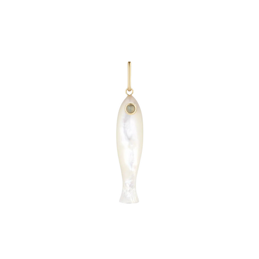 Decorative fish-shaped ornament with a gold hook on a white background
