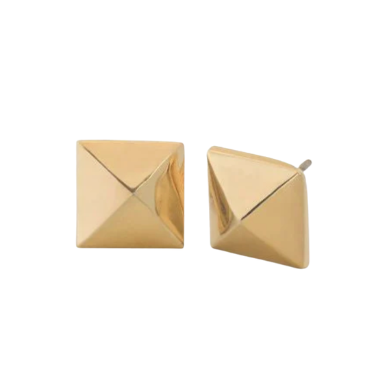 Gold pyramid-shaped earrings on a white background