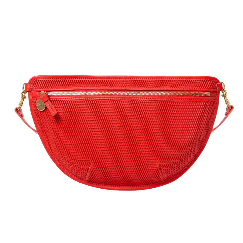 Red mesh handbag with gold zipper and chain detail on a white background