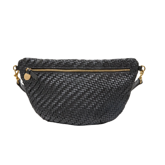 Black woven belt bag with gold zipper on a white background
