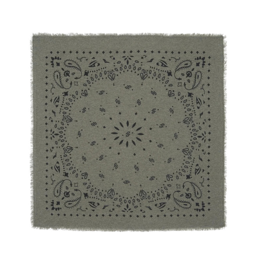 Gray bandana with black paisley pattern on a white background