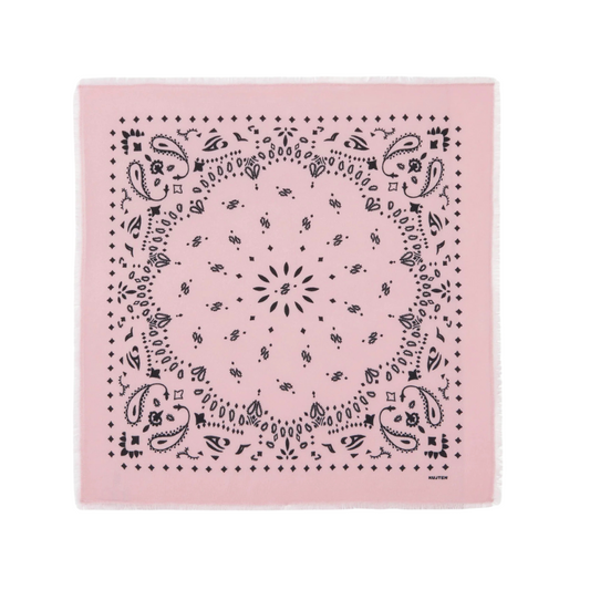 Pink bandana with black paisley pattern on a white background