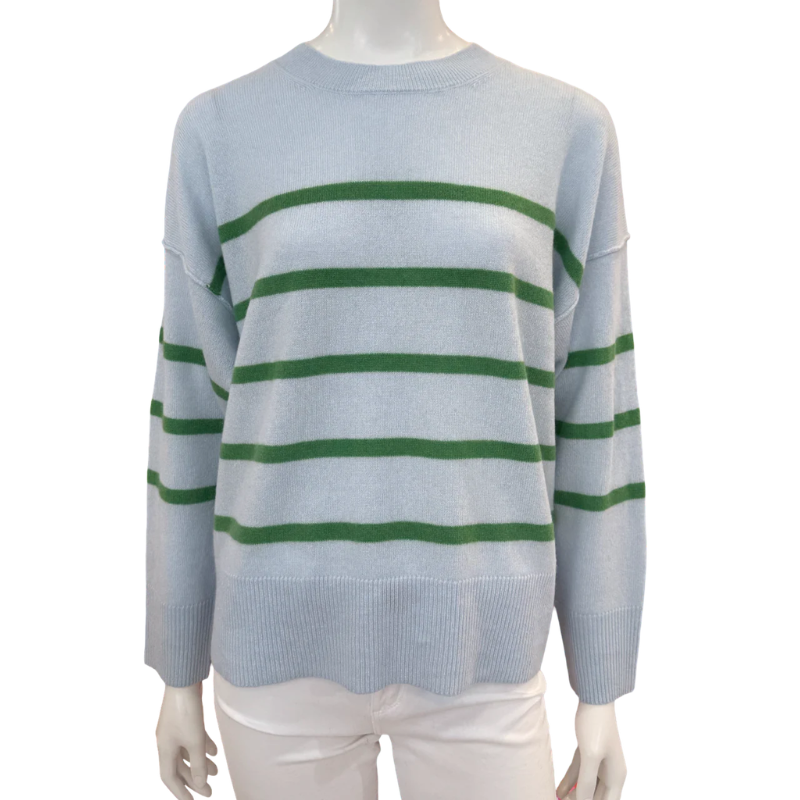 Light blue sweater with green stripes on a mannequin against a white background