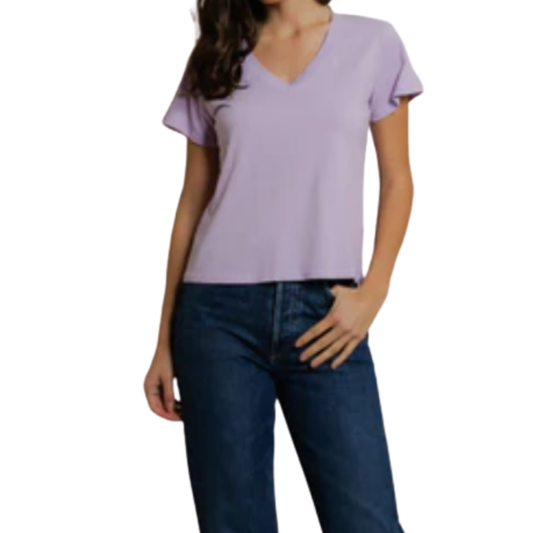 Person wearing a light purple t-shirt and dark blue jeans on a white background
