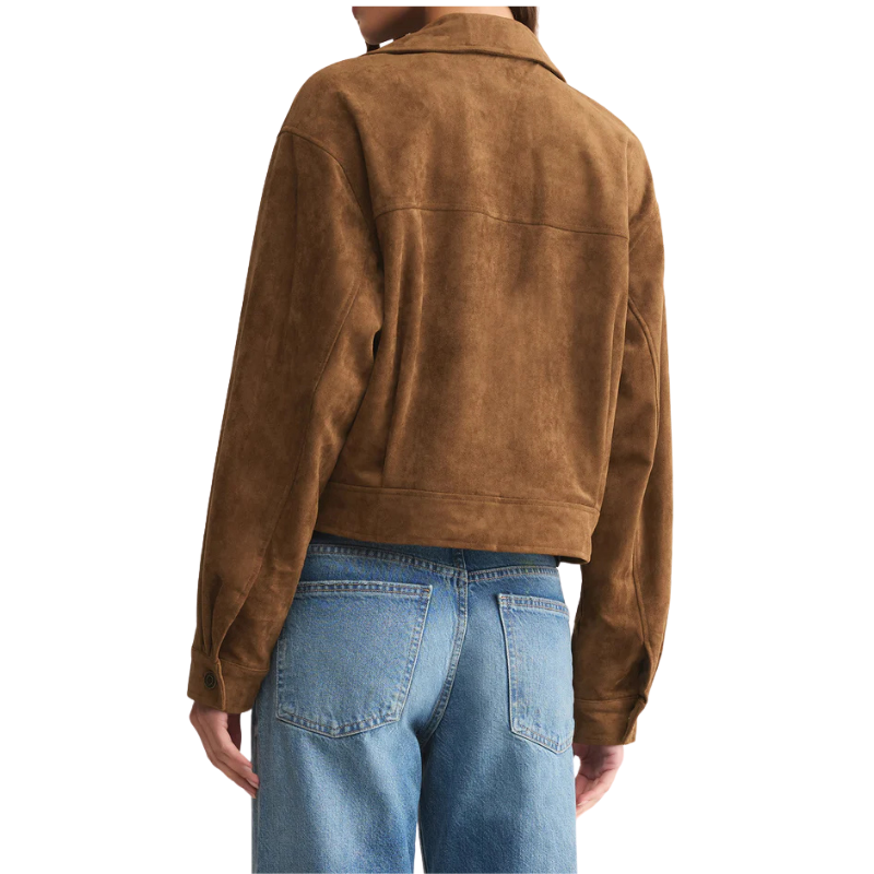 Brown suede jacket worn by a person on a white background