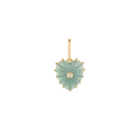 Heart-shaped pendant with green stone and gold accents on a white background