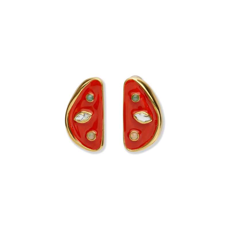 Red earrings with gold accents on a white background