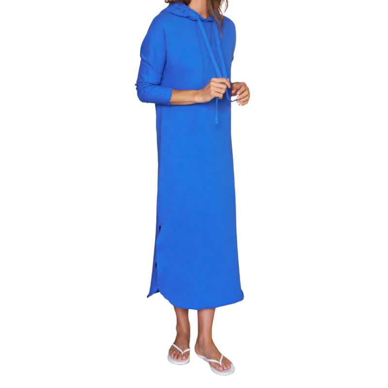 Person wearing a blue dress with a hood on a white background