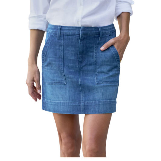 Person wearing a blue denim skirt and white shirt on a white background