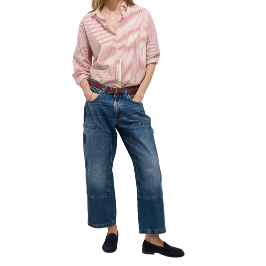 Person wearing a pink striped shirt and blue jeans on a white background