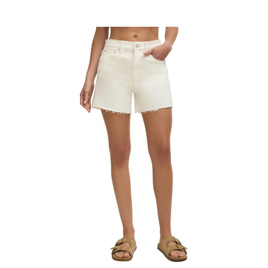 White denim shorts worn by a person on a white background